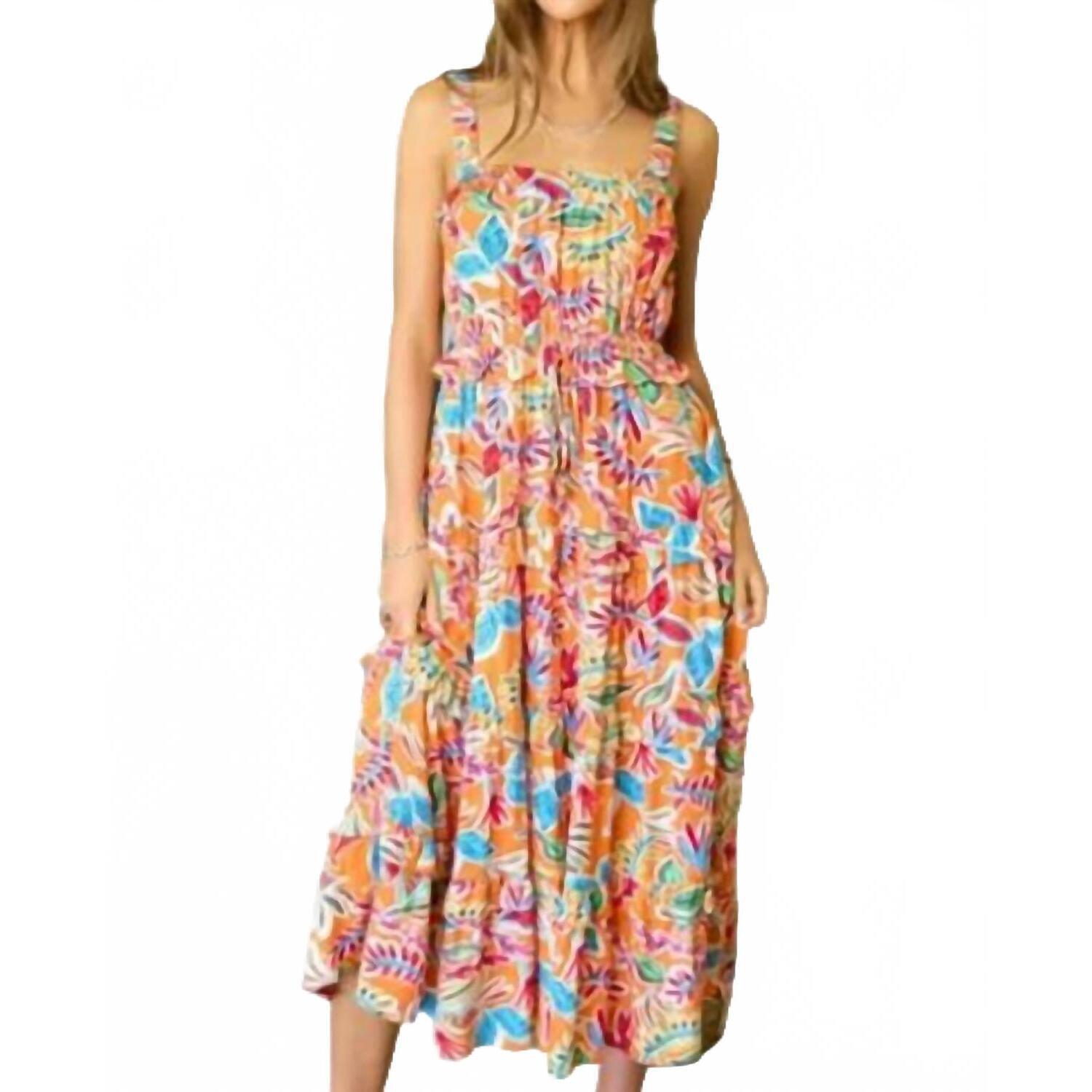 New Davi & Dani Tiered Ruffled Midi Dress In Orange Multi